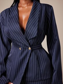 SHEIN SXY Plus Size Women's Striped Long Sleeve Top And Pants Casual Daily Suit Set - Navy Blue - View 6