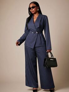 SHEIN SXY Plus Size Women's Striped Long Sleeve Top And Pants Casual Daily Suit Set - Navy Blue - View 4
