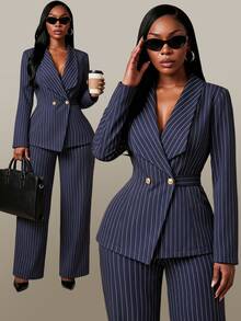 SHEIN SXY Plus Size Women's Striped Long Sleeve Top And Pants Casual Daily Suit Set - Navy Blue - View 3