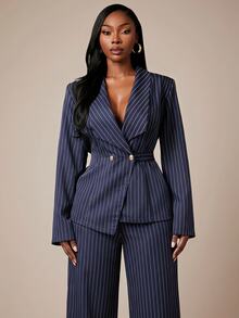 SHEIN SXY Plus Size Women's Striped Long Sleeve Top And Pants Casual Daily Suit Set - Navy Blue - View 5