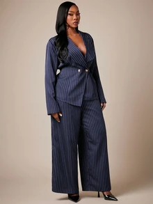 SHEIN SXY Plus Size Women's Striped Long Sleeve Top And Pants Casual Daily Suit Set - Navy Blue - View 8