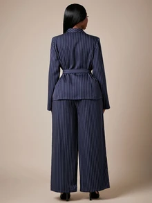 SHEIN SXY Plus Size Women's Striped Long Sleeve Top And Pants Casual Daily Suit Set - Navy Blue - View 2
