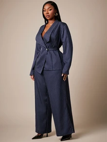 SHEIN SXY Plus Size Women's Striped Long Sleeve Top And Pants Casual Daily Suit Set - Navy Blue - View 9