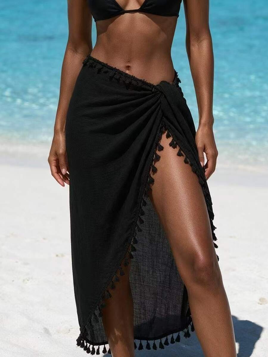 Swim Vcay Summer Beach Tassel Knot Side Cover Up Skirt