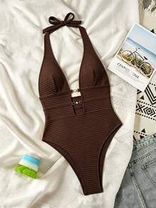 SHEIN Swim Springbreak 女款黃色羅紋針織提花鏤空深露背 V 領掛脖高衩連身泳衣，性感休閒海灘度假、泳池派對、溫泉、海灘穿搭、音樂節波希米亞風 - 咖啡棕 - 查看 6