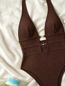SHEIN Swim Springbreak 女款黃色羅紋針織提花鏤空深露背 V 領掛脖高衩連身泳衣，性感休閒海灘度假、泳池派對、溫泉、海灘穿搭、音樂節波希米亞風 - 咖啡棕 - 查看 5