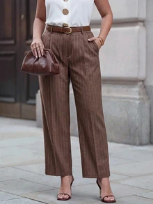 Chikora Plus Size Casual Smart Commuter Striped Suit Pants Office Business Brown Summer - Khaki - View 5