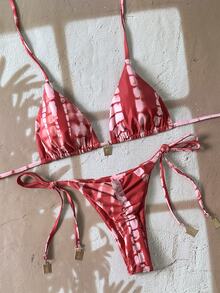 SHEIN Swim 女款多色紮染比基尼套裝細肩帶側綁泳衣面料 - 彩色 - 查看 1
