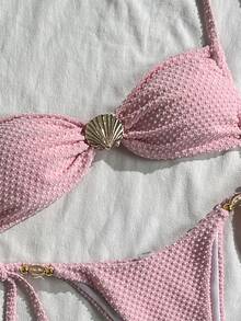 Swim Mod Women's Summer Beach Outfit, Solid Color Jacquard Fabric Spaghetti Strap Sexy Bikini Set With Shell Metal Decor - Pink - View 4