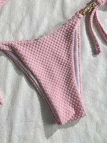 Swim Mod Women's Summer Beach Outfit, Solid Color Jacquard Fabric Spaghetti Strap Sexy Bikini Set With Shell Metal Decor - Pink - View 6
