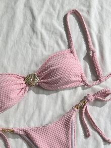 Swim Mod Women's Summer Beach Outfit, Solid Color Jacquard Fabric Spaghetti Strap Sexy Bikini Set With Shell Metal Decor - Pink - View 5