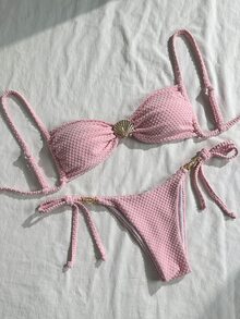 Swim Mod Women's Summer Beach Outfit, Solid Color Jacquard Fabric Spaghetti Strap Sexy Bikini Set With Shell Metal Decor - Pink - View 1