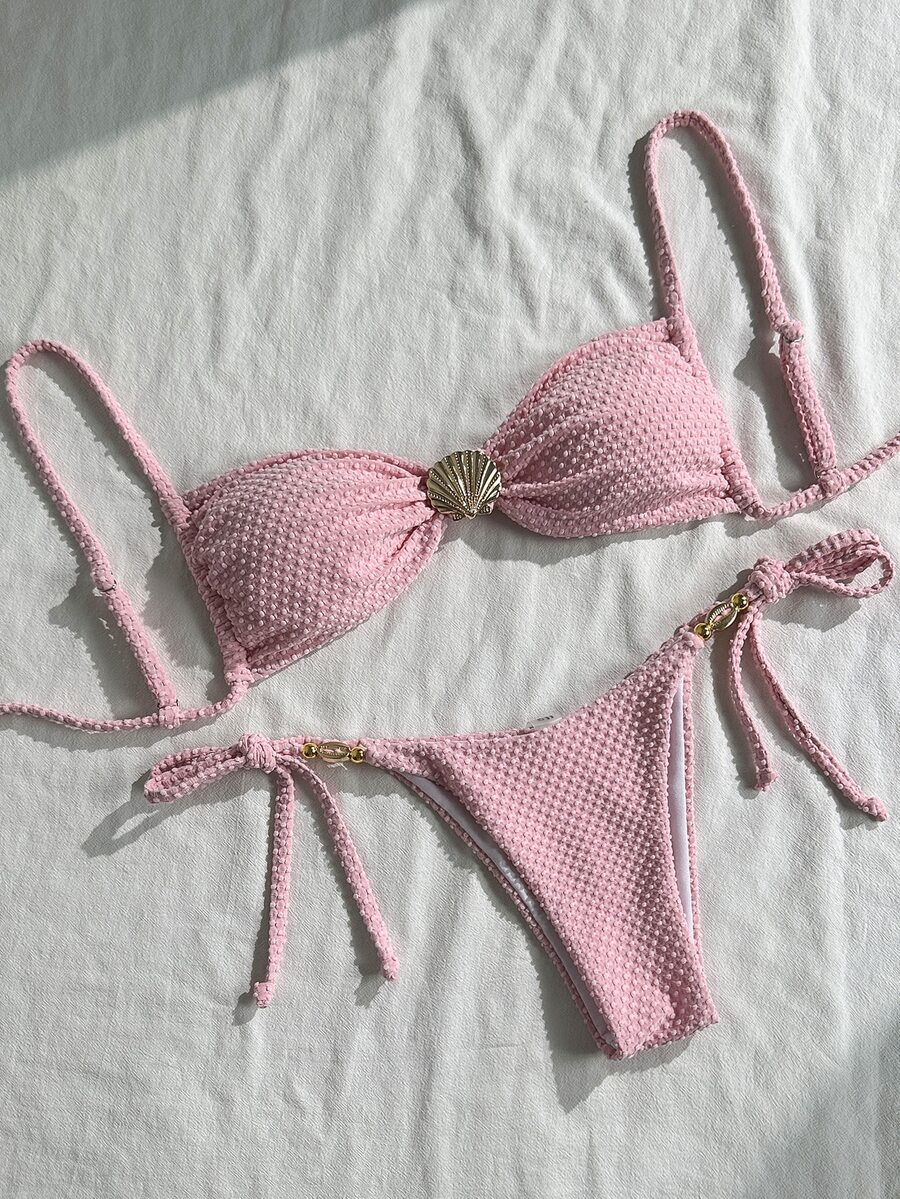 Swim Mod Women's Summer Beach Outfit, Solid Color Jacquard Fabric Spaghetti Strap Sexy Bikini Set With Shell Metal Decor - Pink - View 1