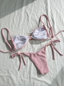 Swim Mod Women's Summer Beach Outfit, Solid Color Jacquard Fabric Spaghetti Strap Sexy Bikini Set With Shell Metal Decor - Pink - View 2