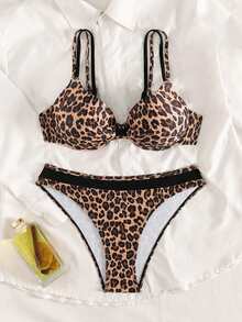 SHEIN Swim 女士夏季新款泳装，钢圈聚拢加厚可调节细肩带三角比基尼两件套 - 彩色 - 查看 3