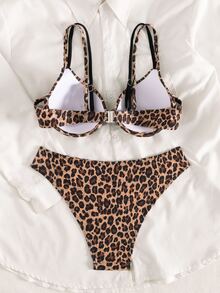 SHEIN Swim 女士夏季新款泳装，钢圈聚拢加厚可调节细肩带三角比基尼两件套 - 彩色 - 查看 4