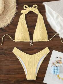 SHEIN Swim 女款夏季海灘純色掛脖綁帶性感時尚比基尼兩件式泳衣套裝 - 鵝黃色 - 查看 4
