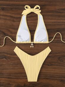 SHEIN Swim 女款夏季海灘純色掛脖綁帶性感時尚比基尼兩件式泳衣套裝 - 鵝黃色 - 查看 2