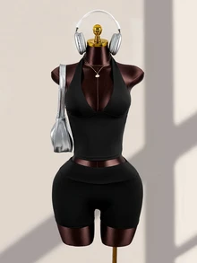 Cévolie Deep V-Neck Backless Halter Top And Shorts Sports Set - Black - View 7