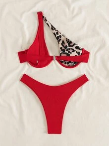 SHEIN Swim 豹纹拼接吊带泳衣（随机印花），带钢圈 - 紅色 - 查看 2