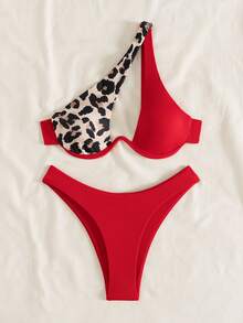 SHEIN Swim 豹纹拼接吊带泳衣（随机印花），带钢圈 - 紅色 - 查看 5