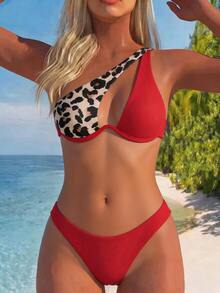 SHEIN Swim 豹纹拼接吊带泳衣（随机印花），带钢圈 - 紅色 - 查看 6