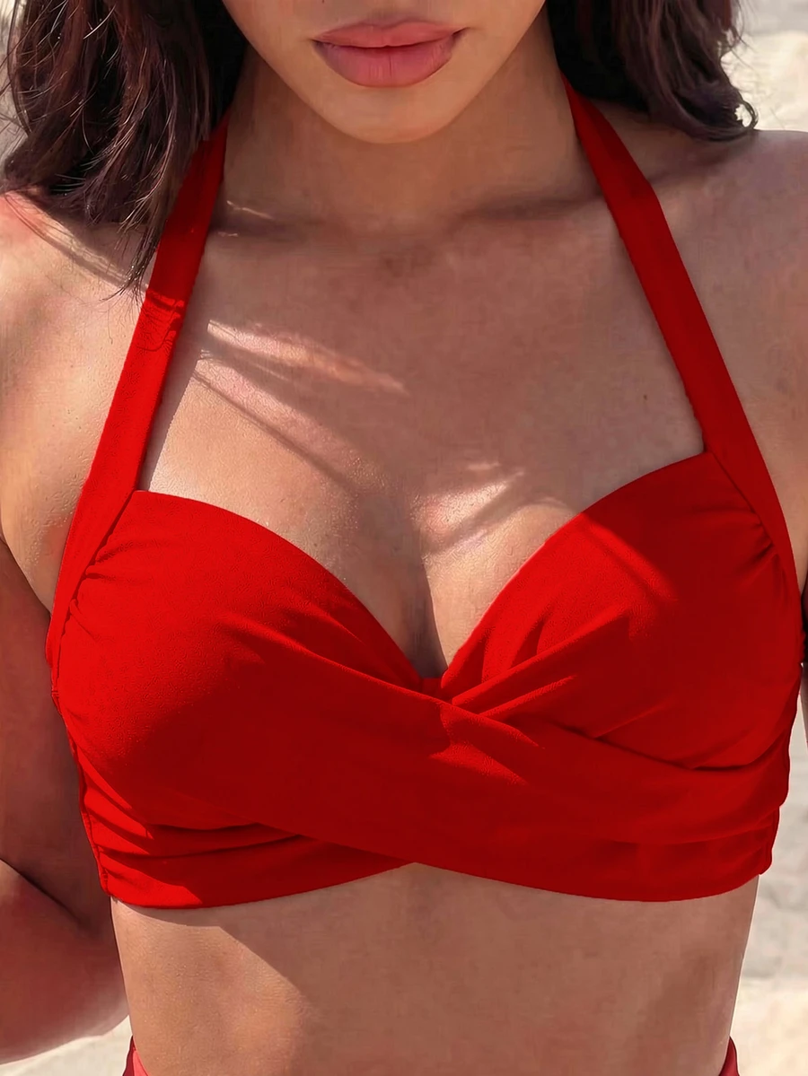Swim Basics Women's Summer Beach Criss-Cross Halter Bikini Top, Push-Up With Underwire - Red - View 1