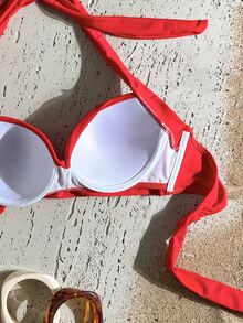 Swim Basics Women's Summer Beach Criss-Cross Halter Bikini Top, Push-Up With Underwire - Red - View 7