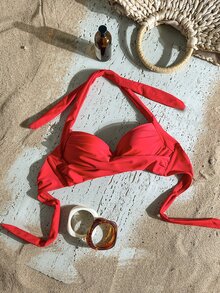 Swim Basics Women's Summer Beach Criss-Cross Halter Bikini Top, Push-Up With Underwire - Red - View 2