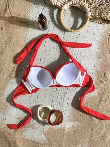 Swim Basics Women's Summer Beach Criss-Cross Halter Bikini Top, Push-Up With Underwire - Red - View 6