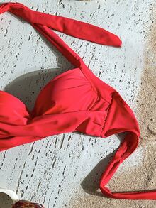 Swim Basics Women's Summer Beach Criss-Cross Halter Bikini Top, Push-Up With Underwire - Red - View 5