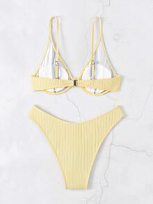 SHEIN Swim Women's Summer Beach Solid Color Sexy Fashion Bikini Two-Piece Swimwear Set - Yellow - View 2