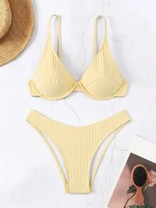 SHEIN Swim Women's Summer Beach Solid Color Sexy Fashion Bikini Two-Piece Swimwear Set - Yellow - View 5
