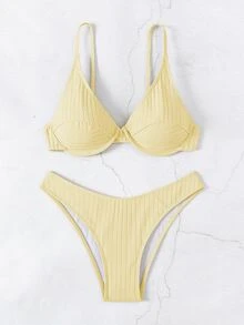 SHEIN Swim Women's Summer Beach Solid Color Sexy Fashion Bikini Two-Piece Swimwear Set - Yellow - View 4