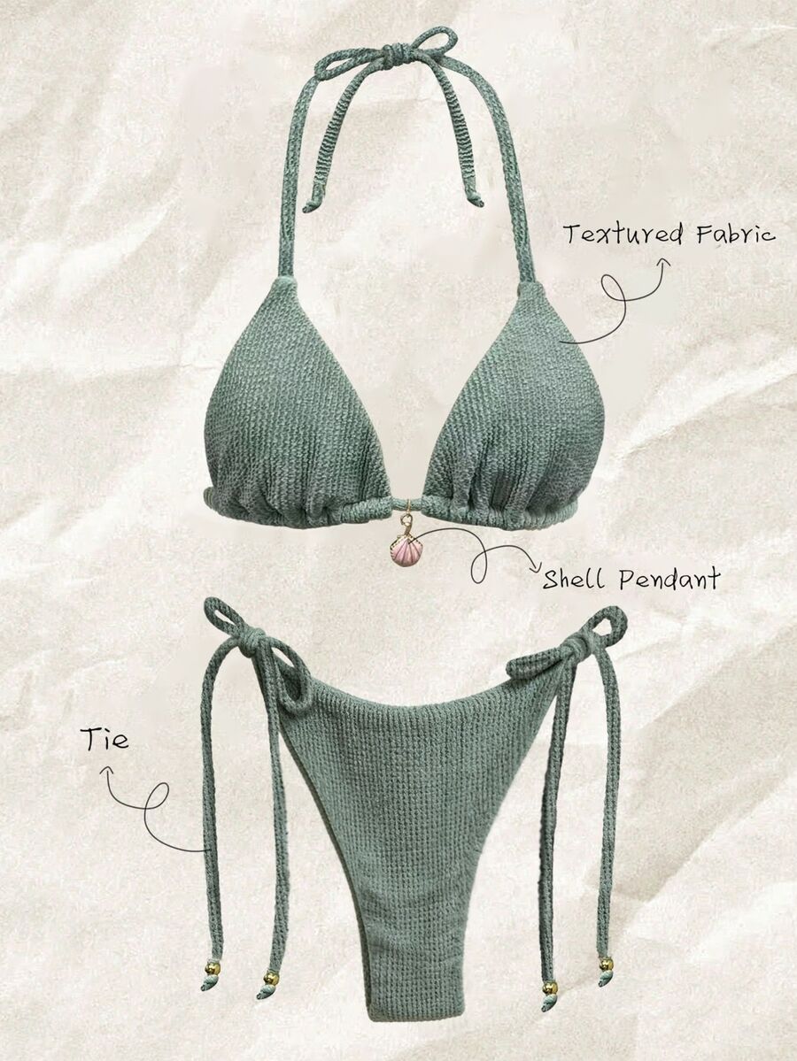 Elavelle Set Bikini Seksi Wanita Model Halter dengan Dekorasi Logam dan Kain Jacquard, Cocok untuk Liburan Festival Musim Panas - Lime Green - View 1