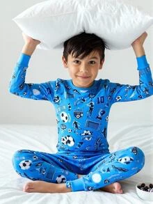 男童 2 件組彈性修身居家服套裝，藍色足球印花圓領緊身睡衣 - 藍色 - 查看 2