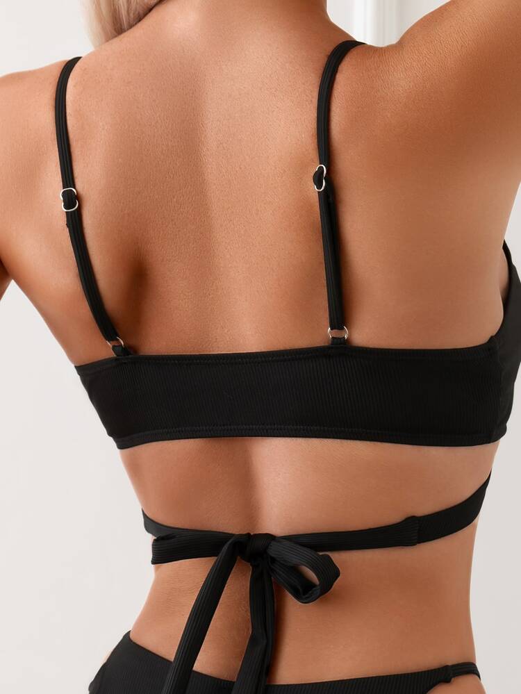 SHEIN Swim Women Bikini Sets Backless Memotong Cincin Plain Seksi - Hitam - View 6