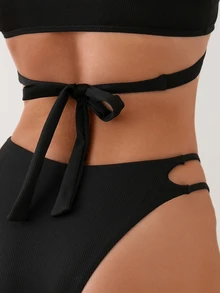 SHEIN Swim Summer Beach Women's Solid Color Crossed Strap Separated Bikini Set - Black - View 5
