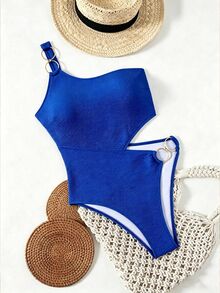 SHEIN Swim Swim Chiccia 女士夏季沙滩焦糖棕色单肩连体泳衣，单侧金属环镂空罗纹度假泳装 - 寶藍色 - 查看 6