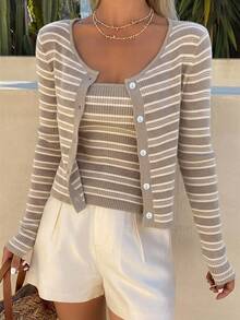 DAZY Setelan Wanita 2 Potong: Atasan Camisole dan Cardigan Lengan Panjang Bergaris Warna Blok, Pakaian Kasual Liburan Musim Semi/Gugur - Coklat - View 5