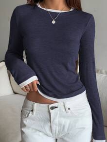 DAZY Women's Patchwork Contrast Color 2 In 1 Crew Neck Long Sleeve Casual Streetwear Vacation Spring Autumn Base Layer T-Shirt - Dusty Blue - View 5