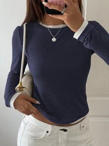 DAZY Women's Patchwork Contrast Color 2 In 1 Crew Neck Long Sleeve Casual Streetwear Vacation Spring Autumn Base Layer T-Shirt - Dusty Blue - View 1