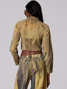 MUSERA Mustard Printed Denim Cinched Waist Jacket Summer Autumn Fall Winter  Going Out Festival Cool Girl Low Frequency - Multicolor - View 4