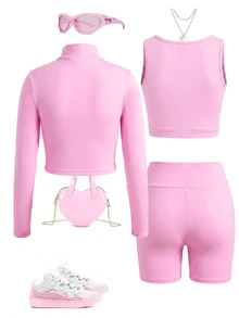 SHEIN Tween Girl Back To School Clothes Girls Kids  Casual Daily Versatile Comfortable Slim Fit Solid Color Contrast Sportswear Fall/Winter Outfits - Pink - View 3