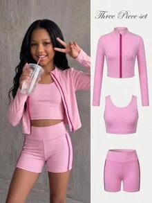 SHEIN Tween Girl Back To School Clothes Girls Kids  Casual Daily Versatile Comfortable Slim Fit Solid Color Contrast Sportswear Fall/Winter Outfits - Pink - View 7
