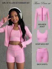 SHEIN Tween Girl Back To School Clothes Girls Kids  Casual Daily Versatile Comfortable Slim Fit Solid Color Contrast Sportswear Fall/Winter Outfits - Pink - View 2