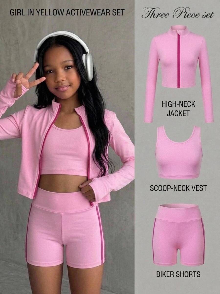 SHEIN Tween Girl Back To School Clothes Girls Kids  Casual Daily Versatile Comfortable Slim Fit Solid Color Contrast Sportswear Fall/Winter Outfits