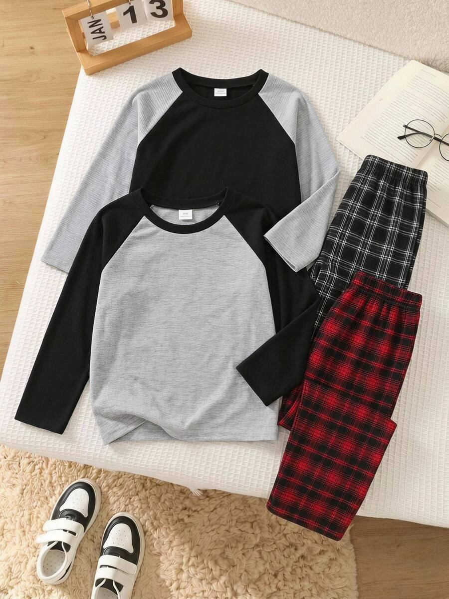 SHEIN 4件組兒童/青少年男孩睡衣套裝,黑白配色,夏季休閒款,適合假期與開學季,純色 L 號 - 彩色 - 查看 1