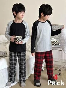 SHEIN 4件組兒童/青少年男孩睡衣套裝，黑白配色，夏季休閒款，適合假期與開學季，純色 L 號 - 彩色 - 查看 3