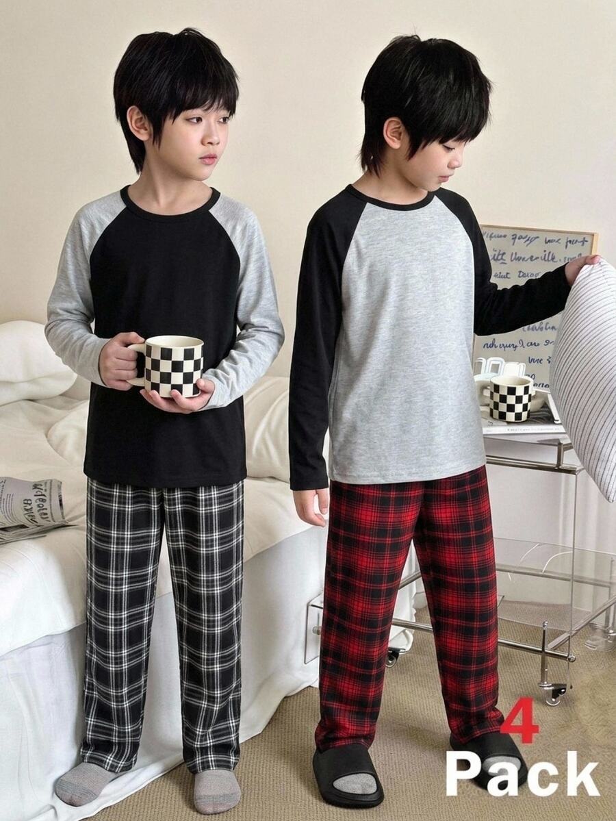 SHEIN 4pcs Set Piyama Anak Laki-laki/Remaja, Hitam dan Putih, Musim Panas, Kasual, Liburan, Kembali ke Sekolah, Warna Polos L - MultiWarna - View 1